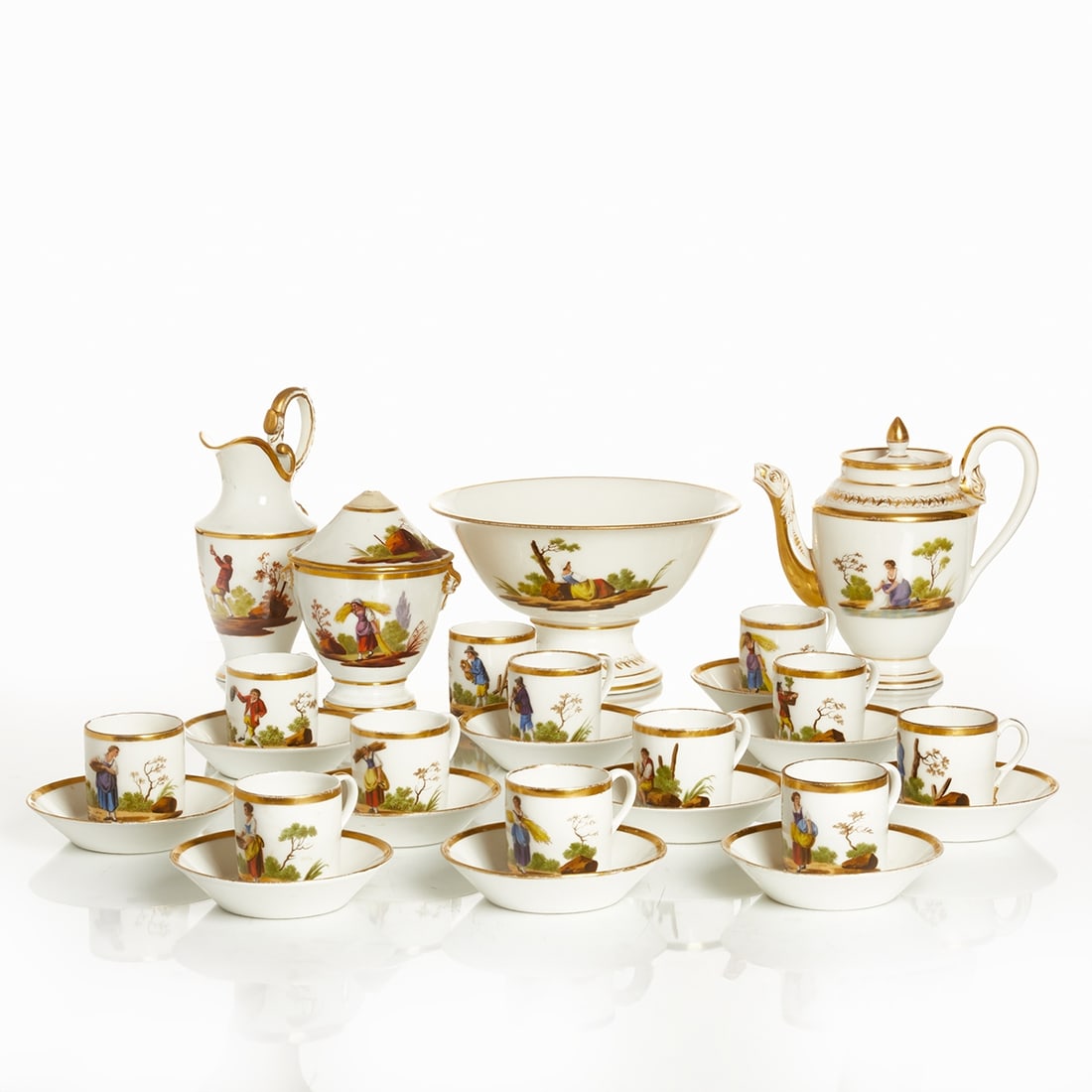 27-piece Biedermeier service - Rural figure scenes, probably Paris, circa 1820: 27-piece Biedermeier service - Rural figure scenes Probably Paris, circa 1820. Porcelain, white, glazed. Polychrome painted with various figural representations in landscape. Partially gold-decorated.