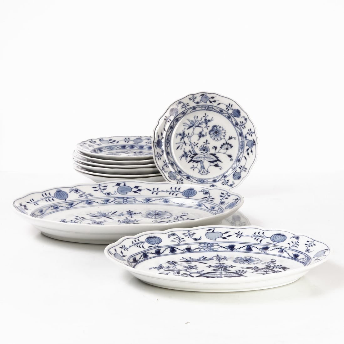7 dinner plates and 2 oval platters - Blue Onion pattern, Meissen 1850-1924 and 1969 (1 of 1)