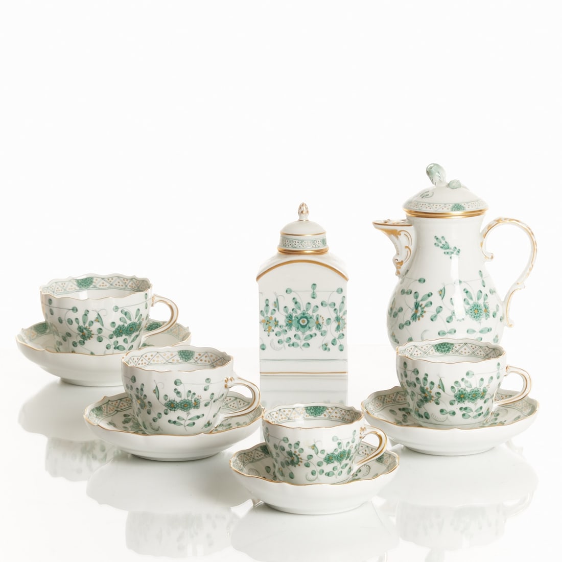 10 coffee/mocha service pieces - Rich Indian Green New Cut, Meissen 1972-1991 (1 of 2)