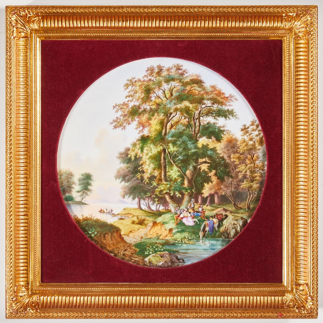 Round pictorial plate. KPM Berlin late 19th century.: Round pictorial plate Royal Porcelain Manufactory (KPM), Berlin late 19th century. - Court lady with soldiers resting in a treed landscape with a river - Porcelain, white, glazed. Polychrome painted o