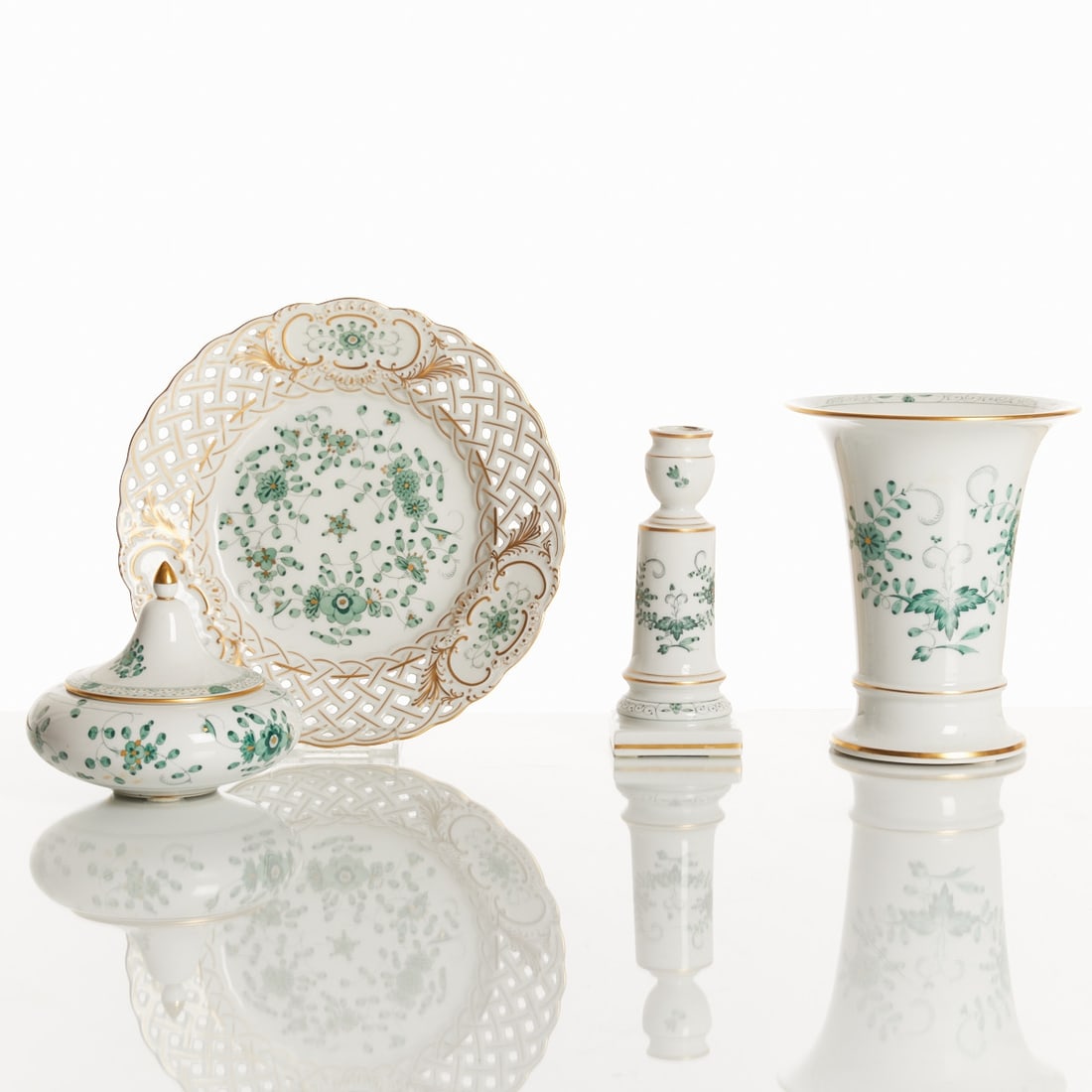 Beaker vase, candlestick, bonbonniere, pierced plate - Indian Green, Meissen 1982-1987 (1 of 2)