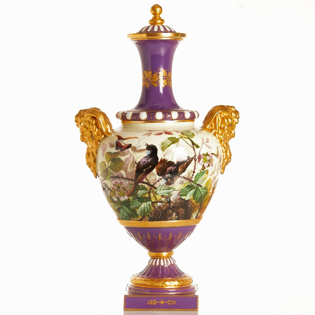 Large lidded vase with faun heads and bird painting, France, circa 1870/1900 (1 of 2)