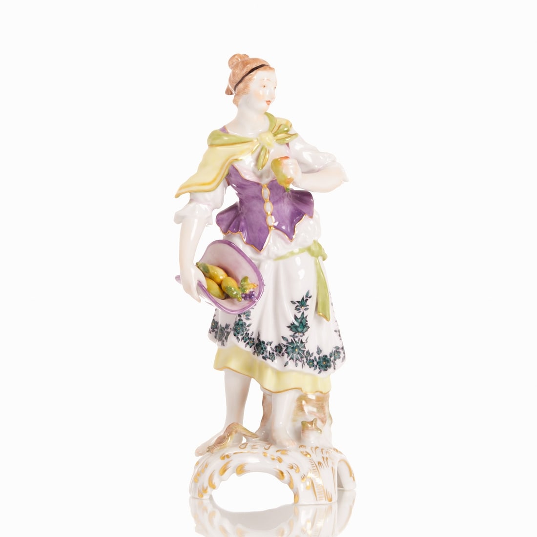 Allegory "The Earth" / Maid with fruits. KPM Berlin 1962-1992.: Allegory "The Earth" / Maid with fruits Royal Porcelain Manufactory (KPM), Berlin 1962-1992. Porcelain, white, glazed. Polychrome and gold painted. Blue scepter mark under the glaze. Red imperial orb