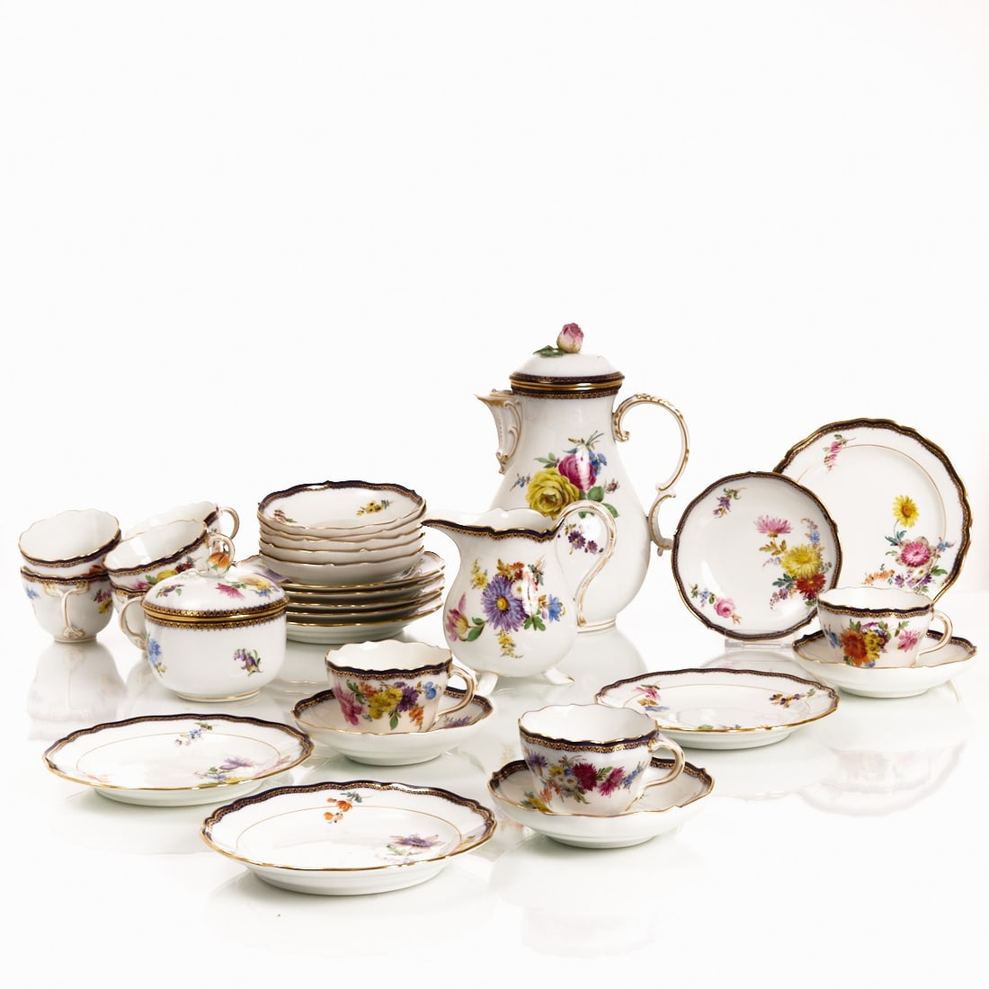 30-piece coffee service for 9 people - Slanted floral bouquet with royal blue band and gold A-edge, (1 of 1)