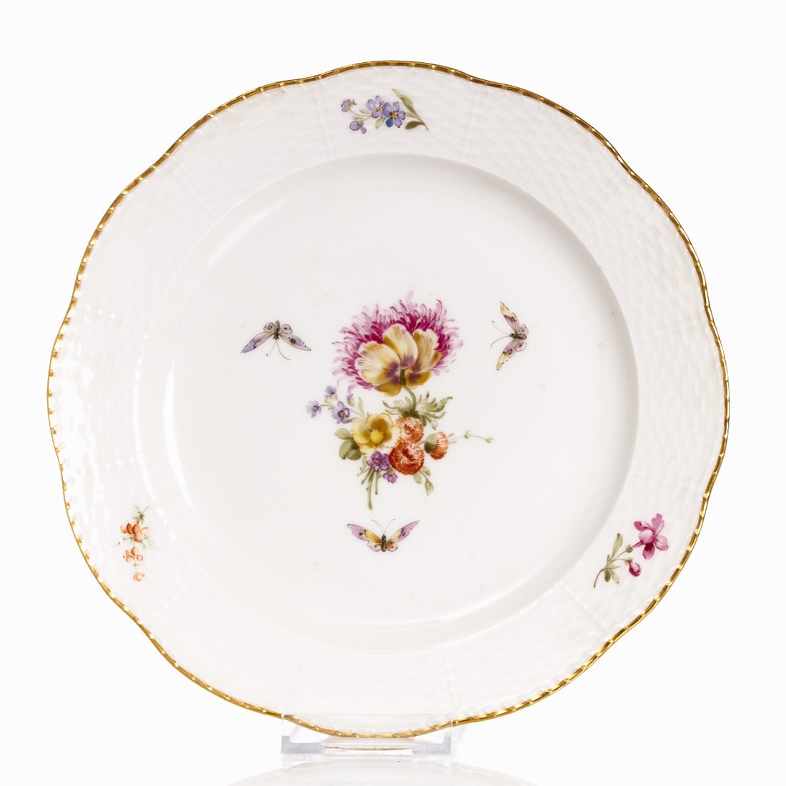 Dinner Plate - Osier: Flower Bouquet with Insects. KPM Berlin 1945-1962.: Dinner Plate - Osier: Flower Bouquet with Insects State Porcelain Manufactory (KPM), Berlin 1945-1962. Porcelain, white, glazed. Polychrome painted. Gold rim. Blue scepter mark underglaze. Red imperia