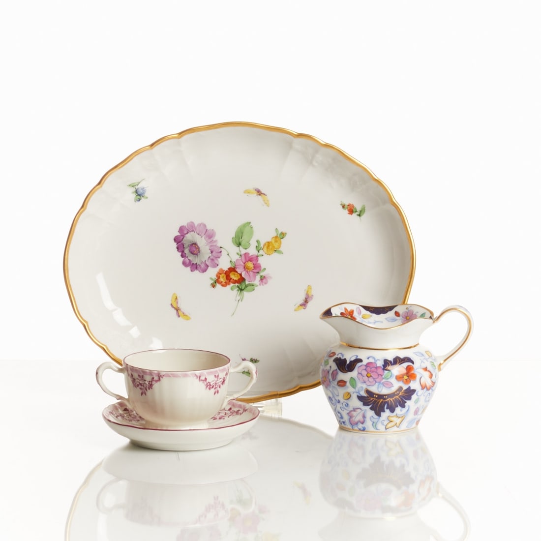 Creamer, Double-Handled Cup with Saucer, Oval Bowl, KPM Berlin, 1849-1992: Creamer, Double-Handled Cup with Saucer, Oval Bowl Royal and State Porcelain Manufactory (KPM), Berlin 1849-1992. Porcelain, white, glazed. Polychrome or monochrome painted. Partially gold rim. Blue s