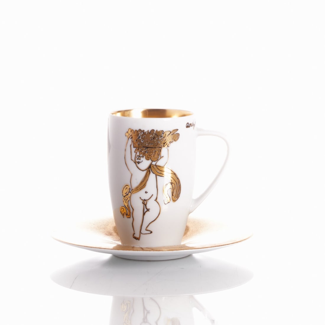 Artist's Coffee Cup with Saucer - Andy Warhol, Rosenthal studio-linie: Artist's coffee cup with saucer - Andy Warhol Rosenthal AG, Selb studio-linie 2nd half of the 20th century. Porcelain, white, glazed. Decorated in black and gold with a figurative representation. Whit