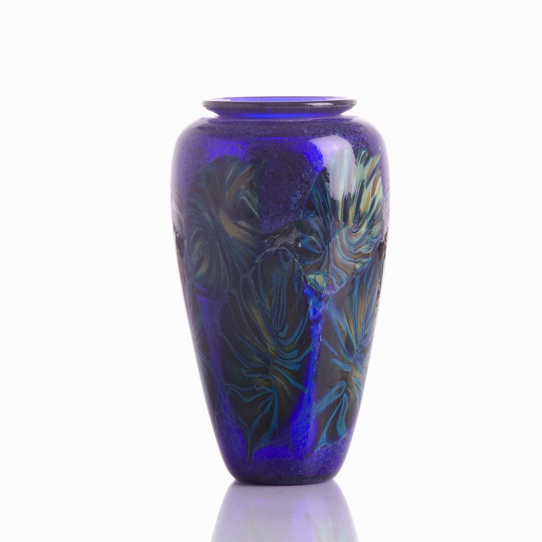 Cypriot Vase - David Lotton. Lotton Art Glass Studio Country of Origin / USA.: Cypriot Vase - David Lotton. Lotton Art Glass Studio Country of Origin / USA. Blue glass with fused flowers between a marbled structure. Ground pontil mark. Marked on the pontil mark: David Lotton 80/