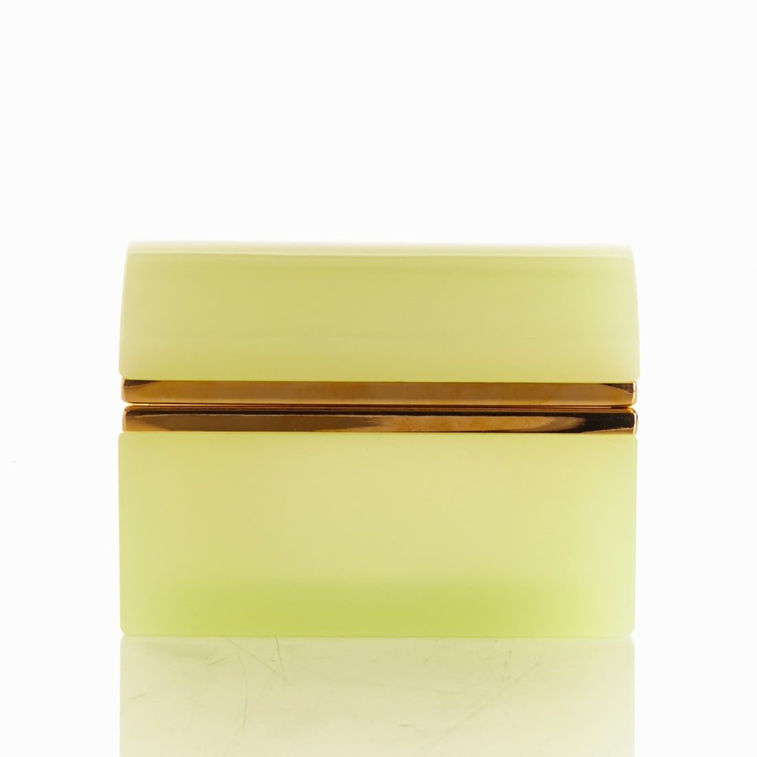 Tall rectangular box with round lid - Art Deco. France, circa 1935-1940.: Tall rectangular box with round lid - Art Deco France, circa 1935-1940. Uranium glass: Thick-walled, green opal glass (apple green), slightly translucent, cut and polished. Brass mounting with hinge.
