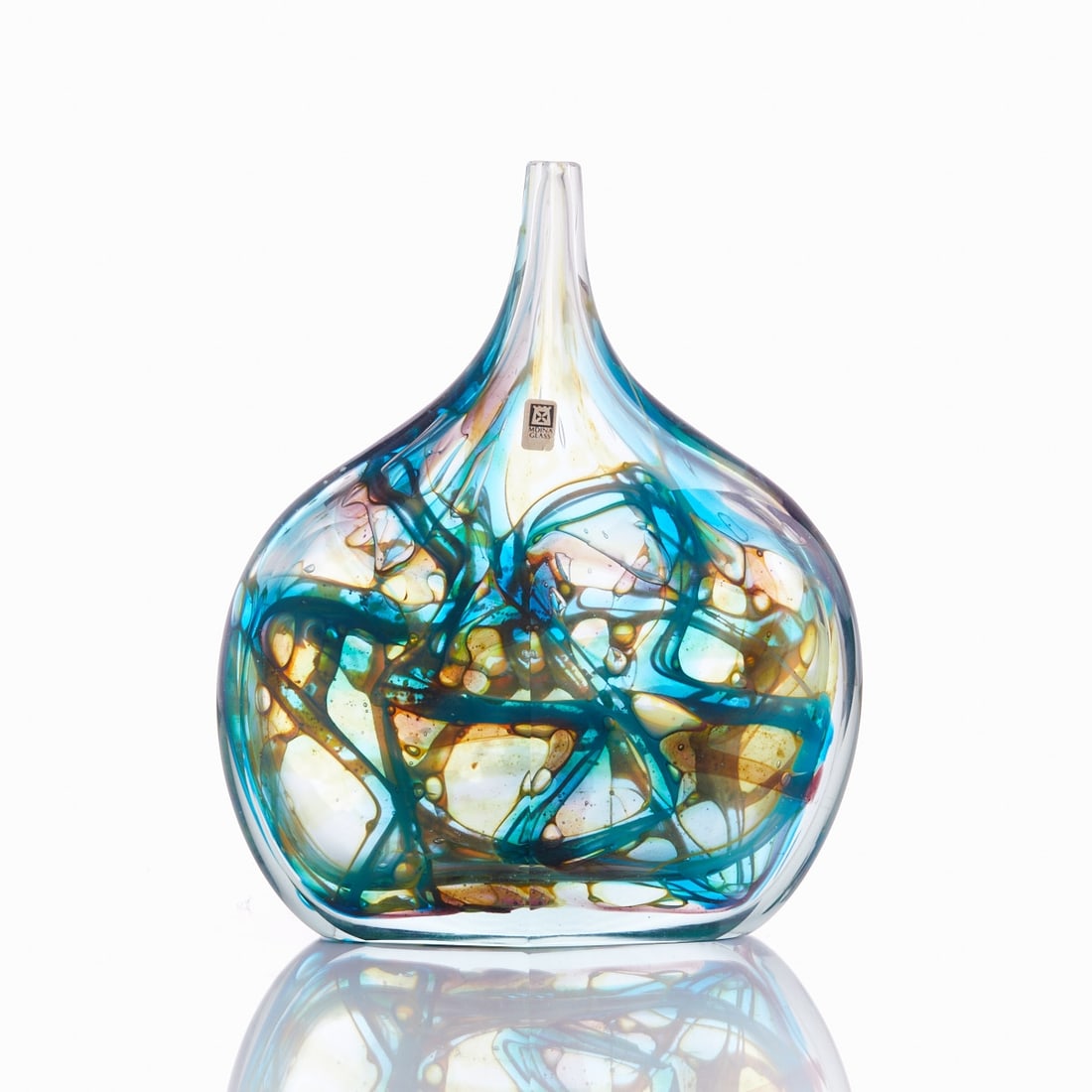 Tiger Bottle Vase. Eric Dobson (design), Mdina Glass, Malta, 1973.: Tiger Bottle Vase Eric Dobson (design), Mdina Glass, Malta, 1973. Thick-walled, colorless glass, multi-colored cased in blue, amber and brown. Partially cut and polished. Marked on the base: Mdina