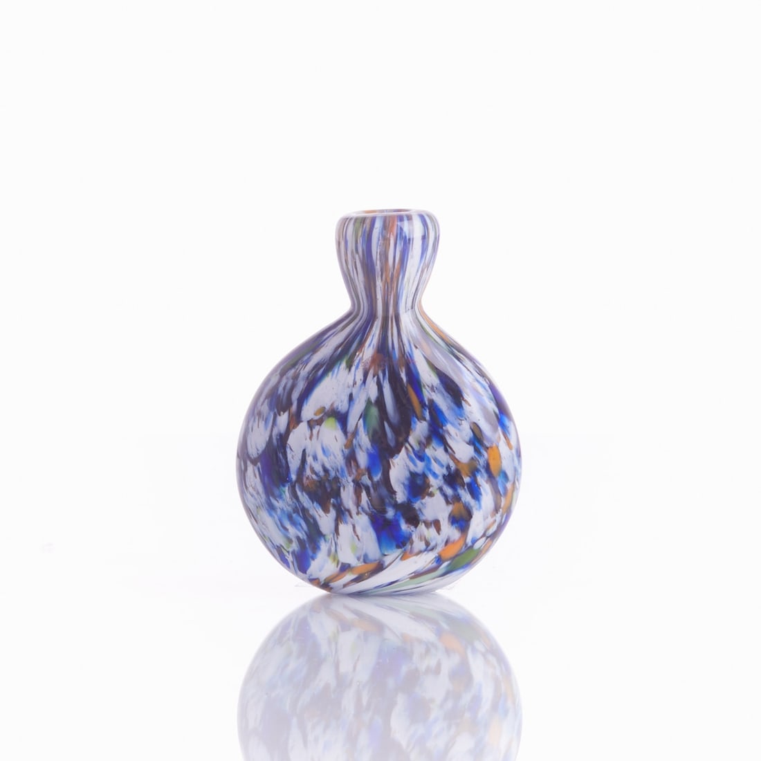 Snuff Bottle. Murano.: Snuff Bottle Murano. Blue, opaque white, orange, green, yellow glass fused, cased with colorless glass. Unmarked. Without stopper. H. 9.3 cm.