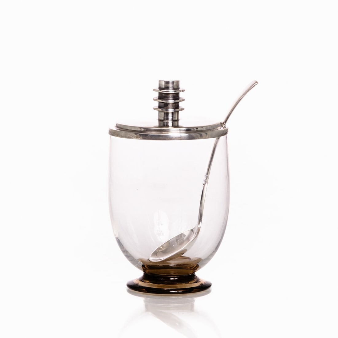 Rare Art Deco Jam Jar: Rare Art Deco Jam Jar F. Hingelberg/Aarhus/Denmark, circa 1934. Design: Svend Weihrauch. 925 silver. Glass. Hallmarks: maker's mark, 925. H. 12 cm. Weight: 80 g.