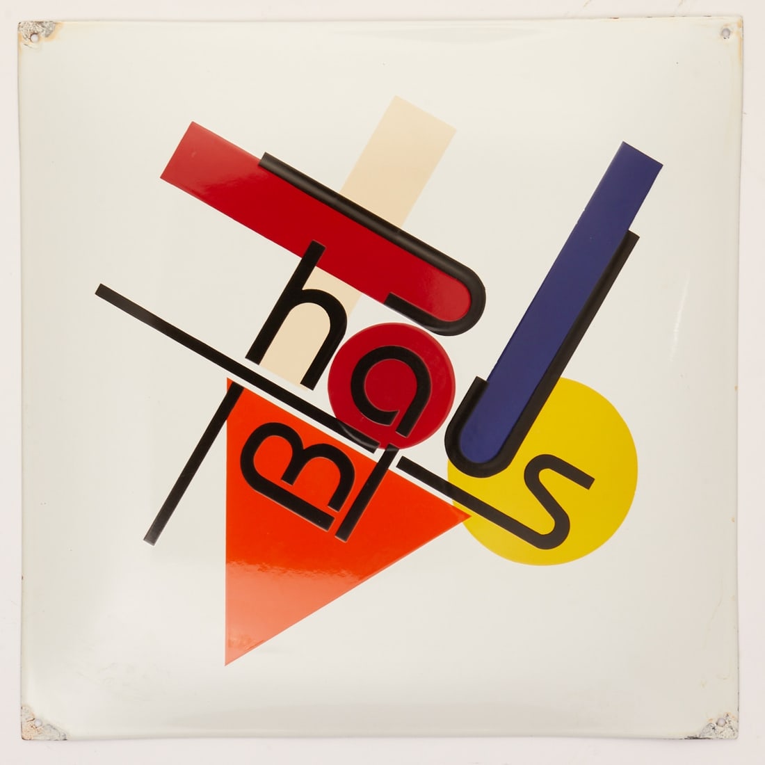 Enamel sign "Bauhaus": Enamel sign "Bauhaus". Germany, 20th century. Enamel on steel sheet. 50 x 50 cm. Bauhaus design with geometric basic forms and primary colors. Age-appropriate condition with slight signs of wear,