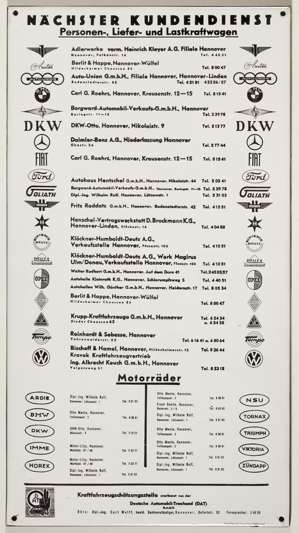 Hanoverian Enamel Information Sign: Hanoverian enamel information sign "Next Customer Service". Germany, circa 1950. Enamel on steel sheet, 70.5 x 38 cm, portrait format sign with black typography on a white background, flanked by numer