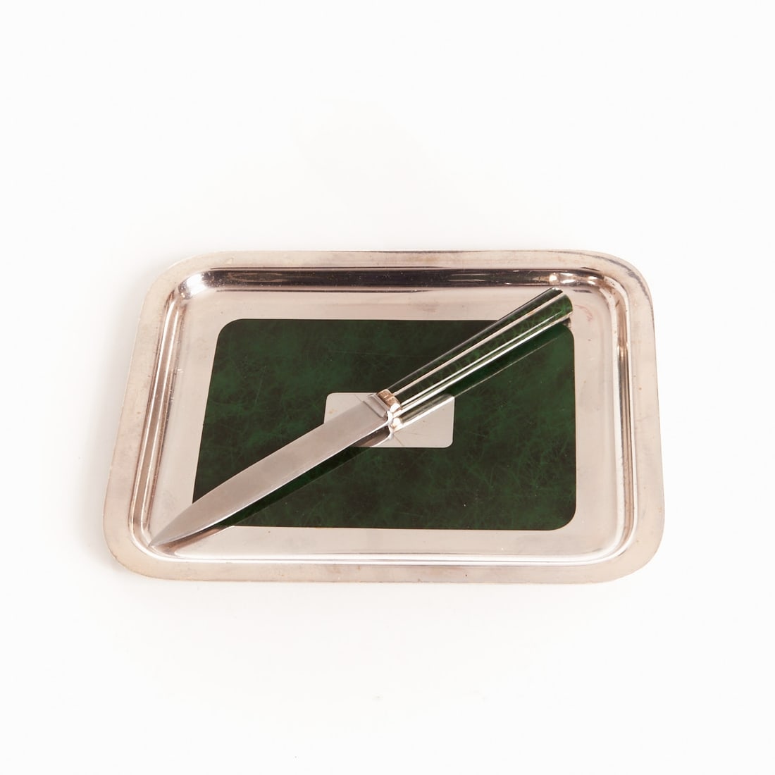 Jean E. Puiforcat - Tray and Letter Opener: Jean E. Puiforcat - Tray and Letter Opener. France, 20th century. Metal, plastic. Tray: 20.7 x 16.6 cm. Letter opener: L. 19.6 cm. Each hallmarked and engraved, traces of age and use.