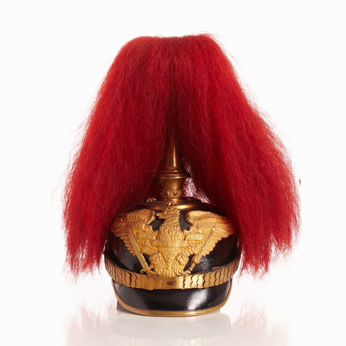 Kingdom of Prussia - Pickelhaube with parade plume: Kingdom of Prussia - Pickelhaube with parade plume for Grenadier regiments. Prussia, 19th century. Blackened leather body with gilded fittings, the gilded scale chains complete with the two