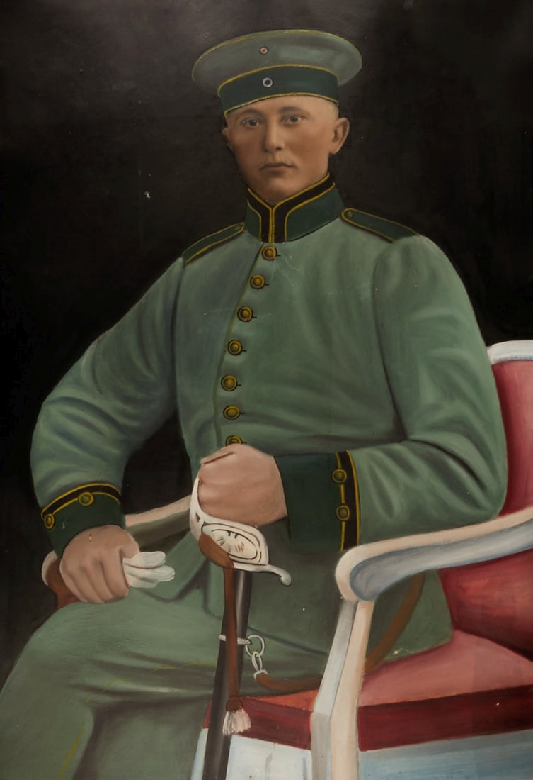 Artists of the 20th Century: Artists of the 20th Century - Portrait of a soldier from World War I - mixed media and collage/paper. 70 x 50 cm, 80 x 60 cm (dimensions with frame). Framed under glass. Slightly wavy. Minimal paint