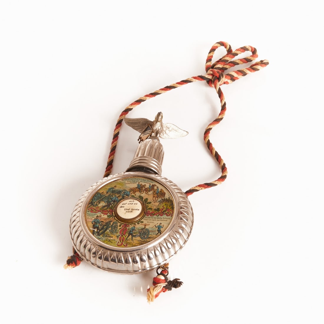 Reservist's Flask / Regimental Flask, Osnabrück.: Reservist's Flask / Regimental Flask, Osnabrück. Germany (German Empire), circa 1907-1912. Richly decorated reservist's flask made of pewter with colorfully printed glass and metal inlays on