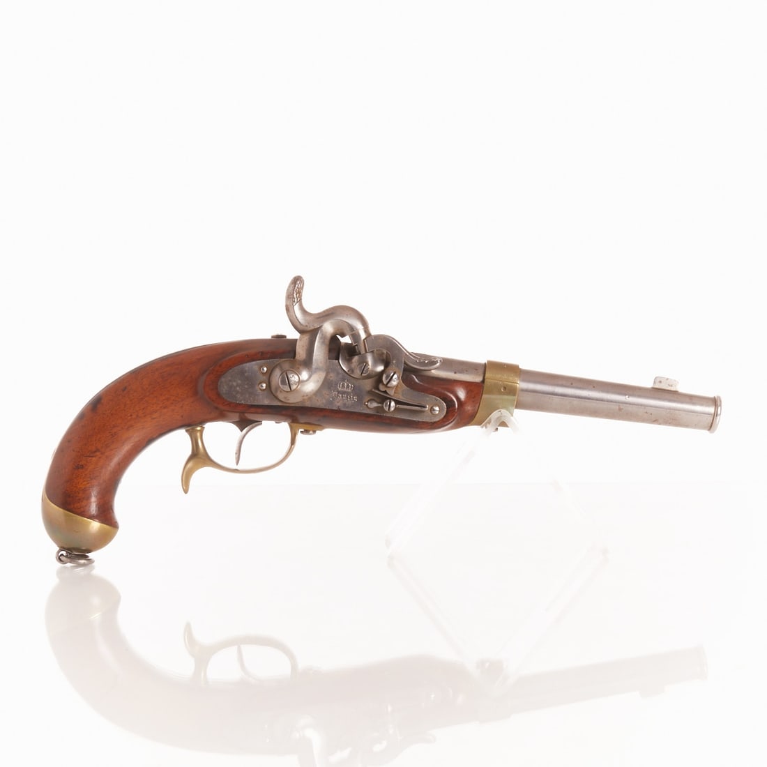 Prussian Cavalry Percussion Pistol: Prussian Cavalry Percussion Pistol Danzig, Germany. 1853. Wood, brass, metal. L. 38.5 cm. Caliber 15 mm. Marked: Danzig, FW (Friedrich Wilhelm IV) under royal crown, trigger guard stamped with 9.1.r