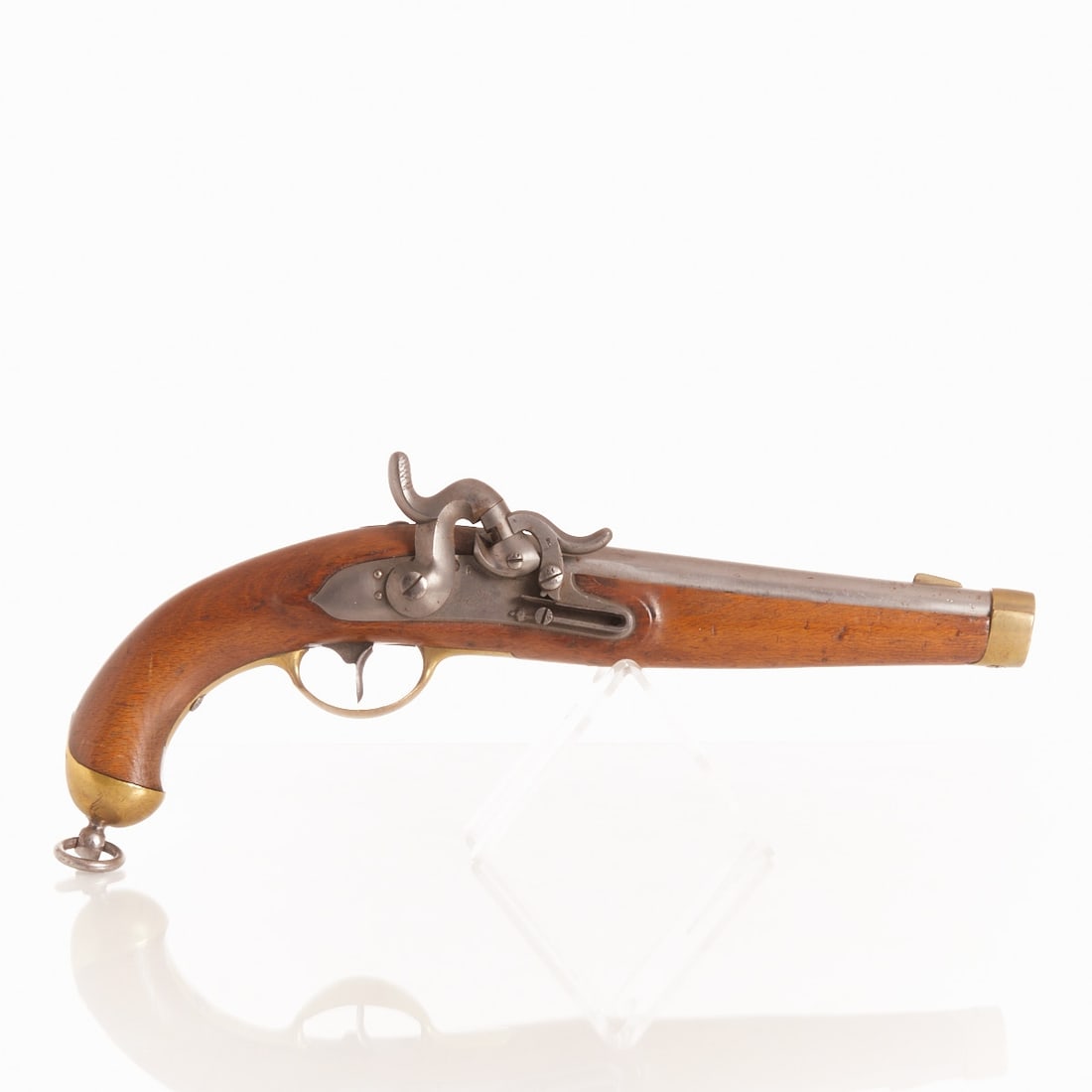 Prussian Cavalry Percussion Pistol: Prussian Cavalry Percussion Pistol Potsdam, Germany. Royal Rifle Factory. 1832. Wood, brass, metal. L. 40 cm. Caliber 17 mm. Marked: Potsdam, 1832 under royal crown, FW under royal crown (Friedrich