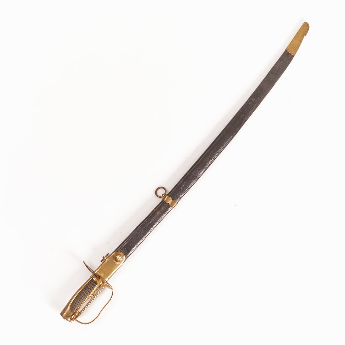 Rapier / Officer's Rapier with Folding Guard: Important officer's saber with folding grip guard Europe, probably France, 19th century. Elegant 19th-century saber with a slender, curved blade and richly crafted brass hilt. The grip with leather co