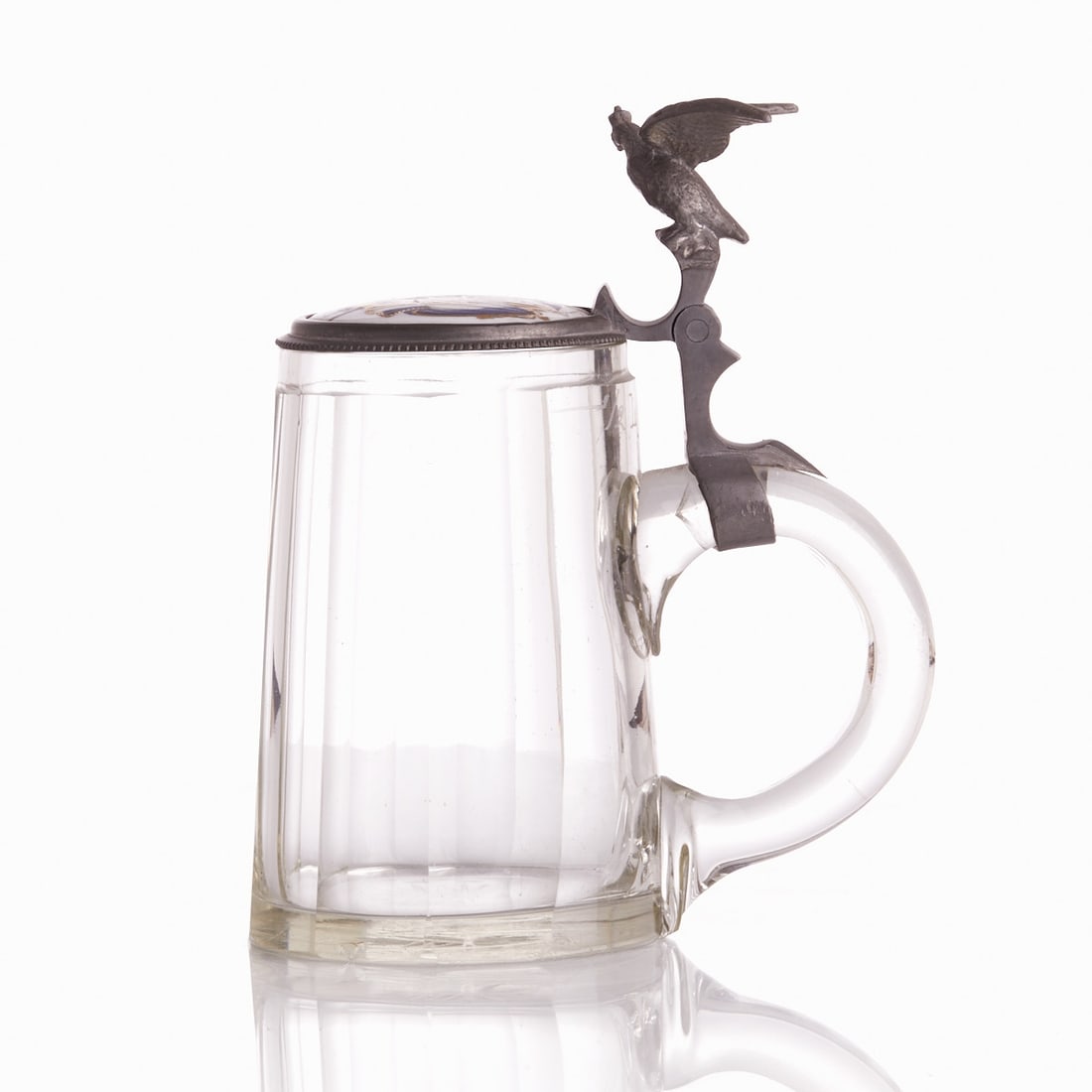 Glass Beer Mug, Burschenschaft / Singers' Association.: Glass Beer Mug, Burschenschaft / Singers' Association. 1892. Pressed glass, porcelain, white glazed, polychrome and gold painted. Pewter mounting with pewter lid and porcelain plaque, eagle thumb