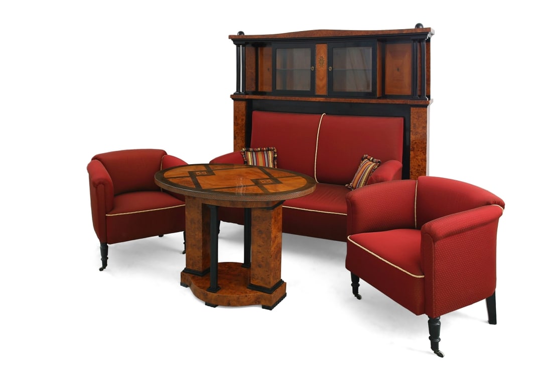 Art Nouveau Salon: Art Nouveau Salon Probably Möbelfabrik Glückert/Darmstadt, circa 1905. Design: Josef Maria Olbrich. Pearl maple. Fruitwoods. Burr wood. Damaged. 1 sofa 170 x 184 x 94 cm. 2 armchairs 45/69