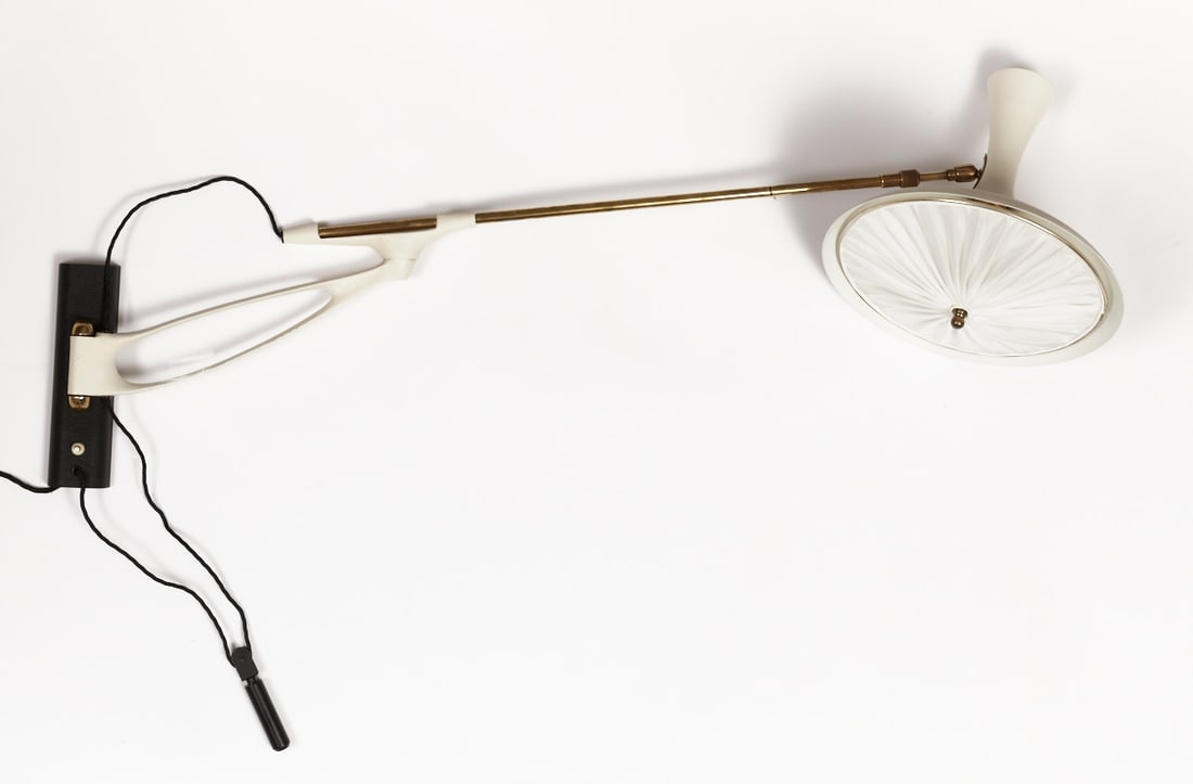 Mid Century Diabolo Wall Lamp: Mid Century Diabolo Wall Lamp Cosack. Design: Louis Kalff. Brass. Metal. 50 x 145 x 34 cm. Worn. With original silk shade on the underside.