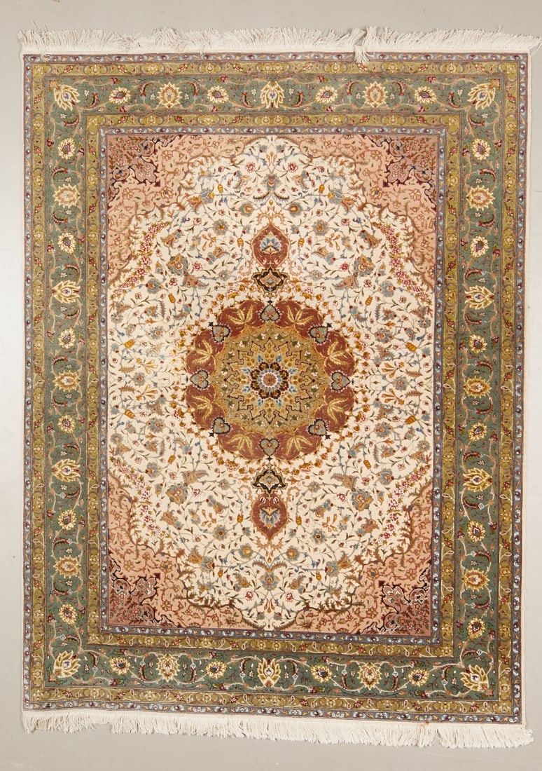 Tabriz: Tabriz Persia, 20th century. Wool on wool, 211 cm x 151 cm. The ivory-colored central field is dominated by a large, multi-faceted central medallion in warm brown and ocher tones, interwoven with