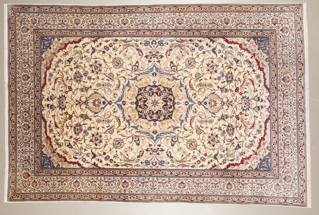 Large Nain Habibian: Large Nain Habibian Persia, 20th century. Cork wool with silk on cotton. Fine knotting. 297 x 200 cm. Signed. Elegant patterning, fine tendril motifs and bird representations on a cream-colored