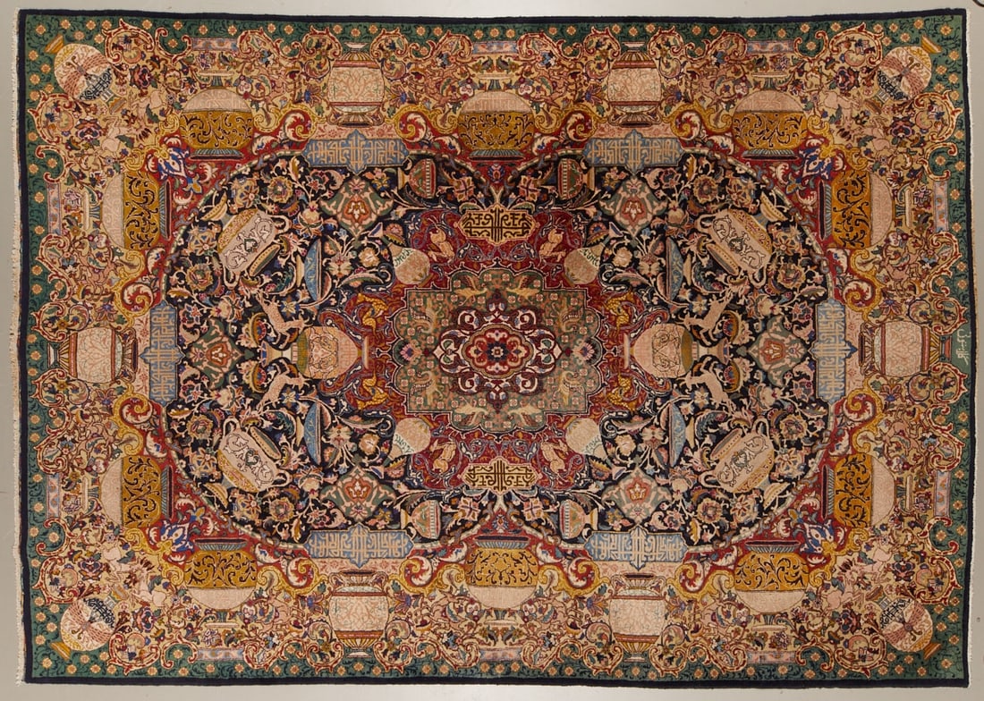 Kashmar: Kashmar Persia, circa 1940. Wool on cotton, approx. 343 × 248 cm. Signed. Earlier Kashmar carpet with typical Sirchaki pattern. In this distinctive design, antique vases, pitchers, and bowls