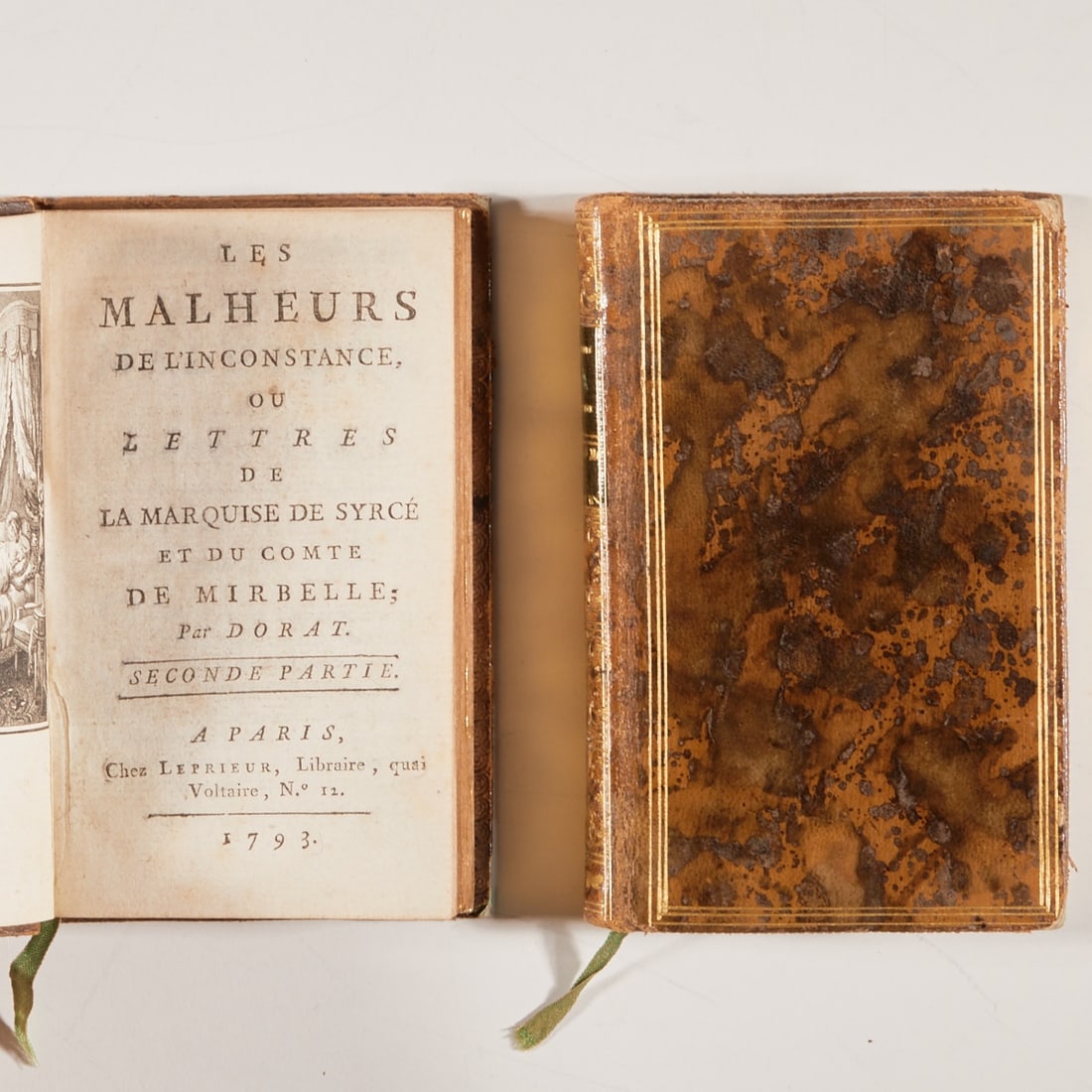 Claude Joseph Dorat: Claude Joseph Dorat- "The Misfortunes of Inconstancy" (2 volumes) - Or Letters of the Marquise de Sycre and the Count de Mirbelle. Paris, Leprieur 1793. Leather with gold embossing. Triple gilded