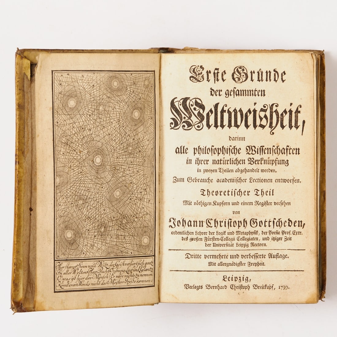 Johann Chrisoph Gottsched: Johann Chrisoph Gottsched- "First Principles of All Wisdom" - Leipzig, Bernhard Christoph Breitkopf 1730/1739. Pigskin. Triple green edges. Binding somewhat worn and soiled. Interior slightly