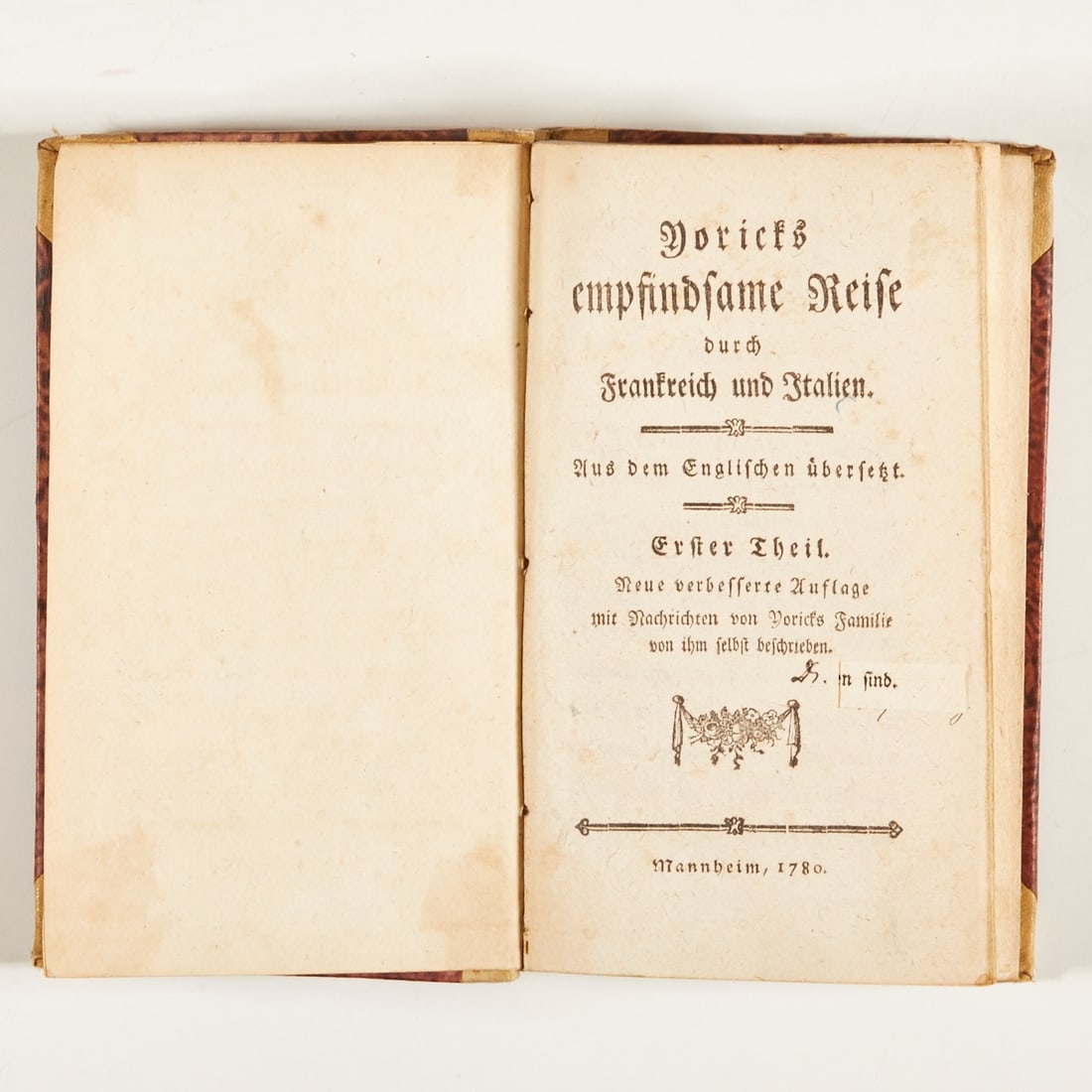 Book Convolute (Yorick, Minerva, Baron v. Stein): Book convolute Yorick's Sentimental Journey through France and Italy. Mannheim, n.d. 1780. Half-leather. Triple green-yellow edge. 164 p. Binding damaged, partly rubbed. Interior minimally