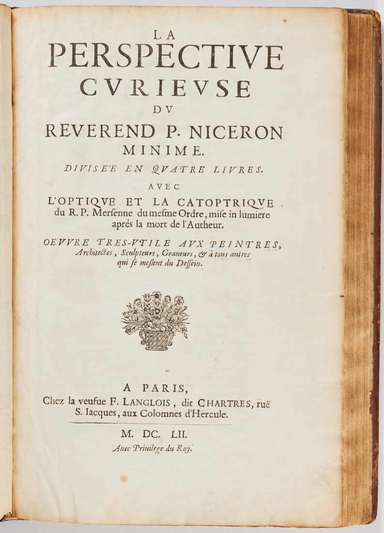 Jean-François Niceron. La Perspective Curieuse: Jean-François Niceron - "La Perspective Curieuse" - 2 works in one volume. With: L'Optique et la Catoptrique. Paris, F. Langlois 1652 and 1651. Leather with gold print, triple brown e