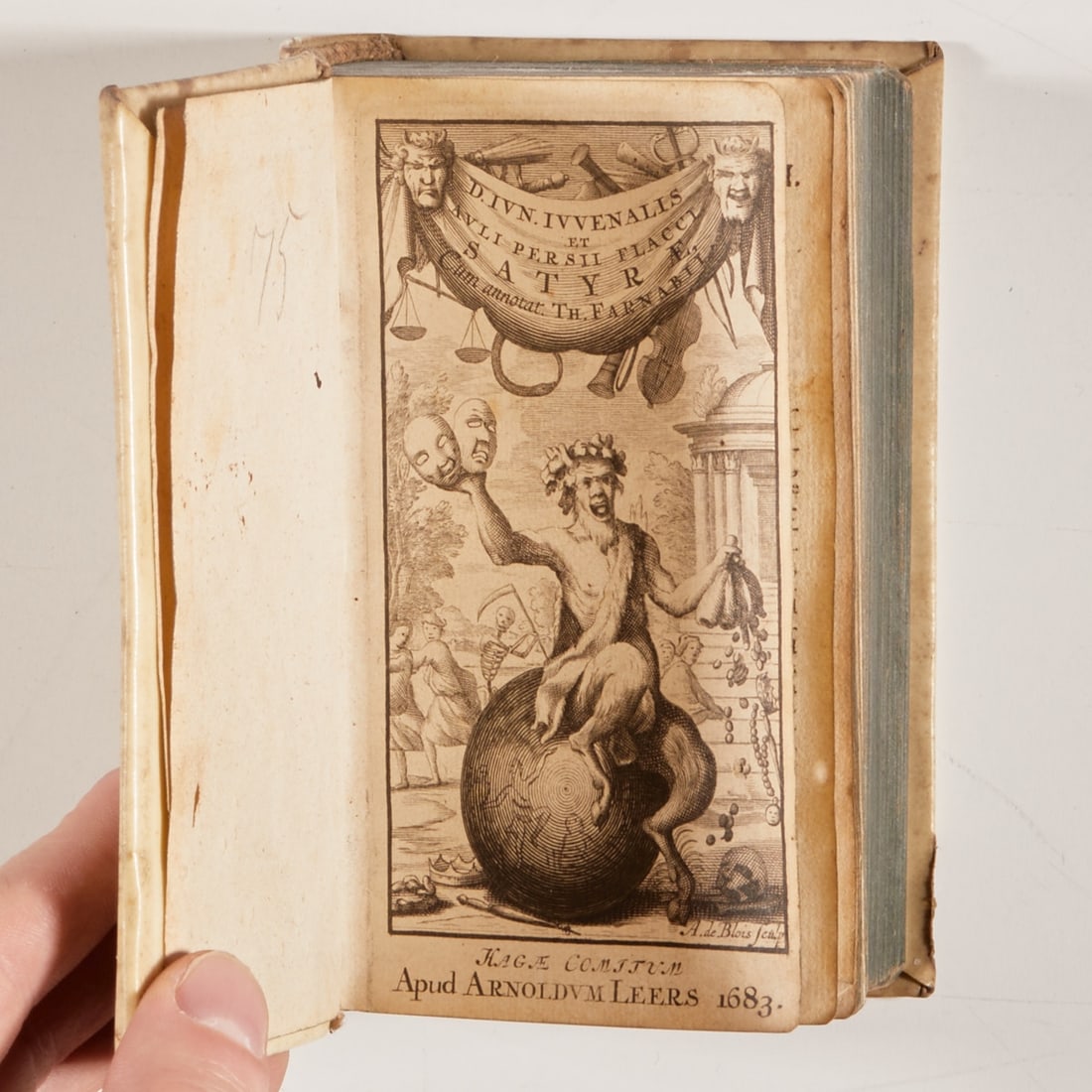 Satires by Juvenal and Persius: Satires by Juvenal and Persius etc. 3 books in one volume. Pigskin leather. Triple green edges. 1st book: Satires by Juvenal and Persius. The Hague, Arnold Leers 1683. 189 pages with frontispiece. 2nd
