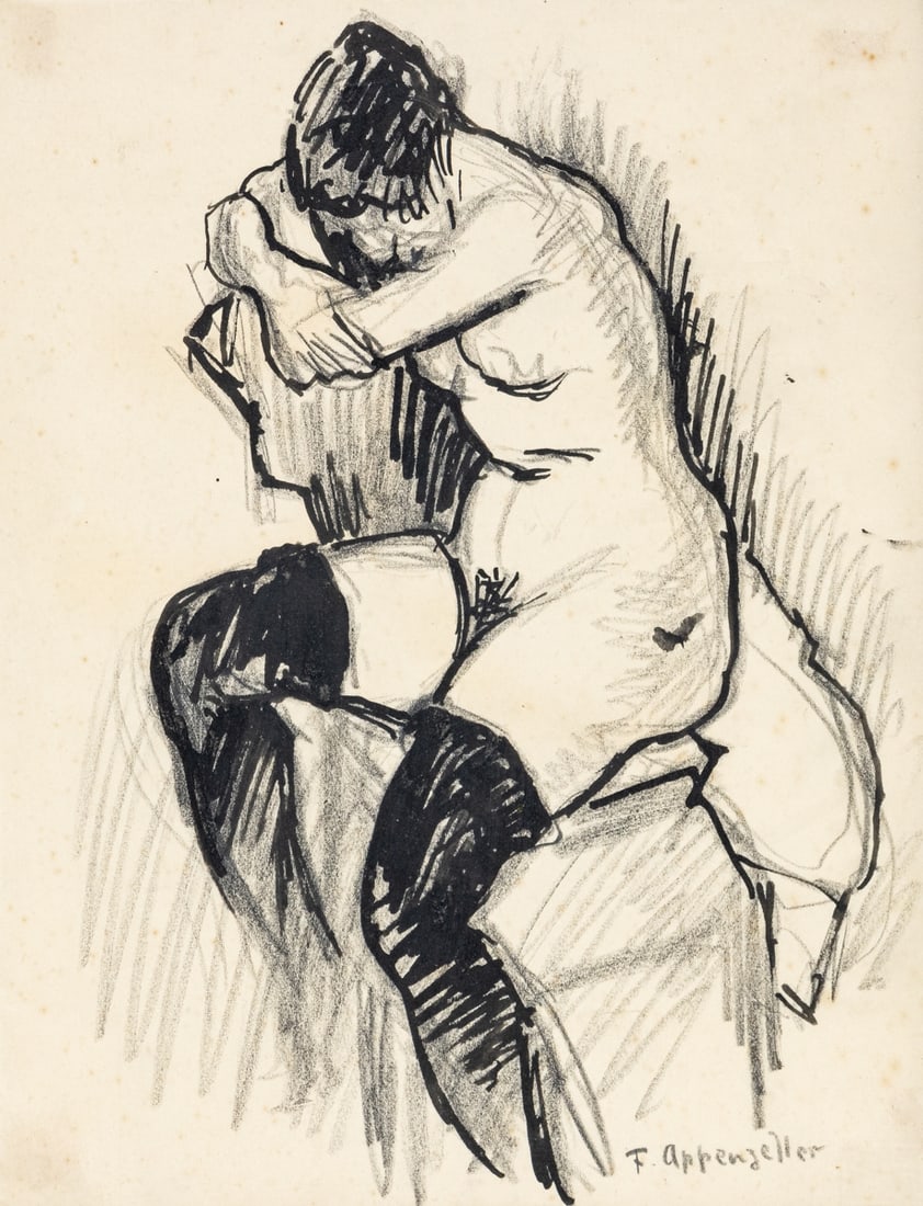 Felix Appenzeller: Felix Appenzeller 1892 St. Gallen - 1964 St. Gallen - Female Nude - Ink and pencil/paper. 26.5 x 20.3 cm, 32 x 25.8 cm (dimensions with frame). Signed lower right: F. Appenzeller. Inscribed on the