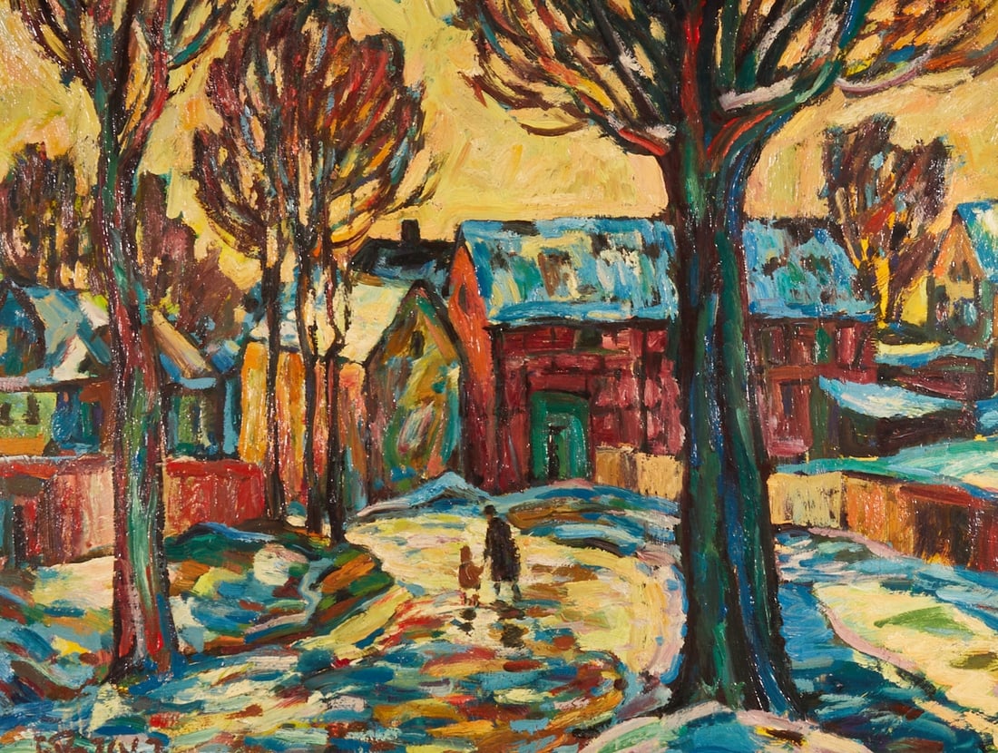 Fredo Bley: Fredo Bley 1929 Obermglau Vogtland - 2010 Reichenbach Vogtland - "Vogtland Village in March" - Oil/hardboard. 60 x 80 cm, 74 x 92 cm (size with frame). Signed and dated lower left: F. Bley