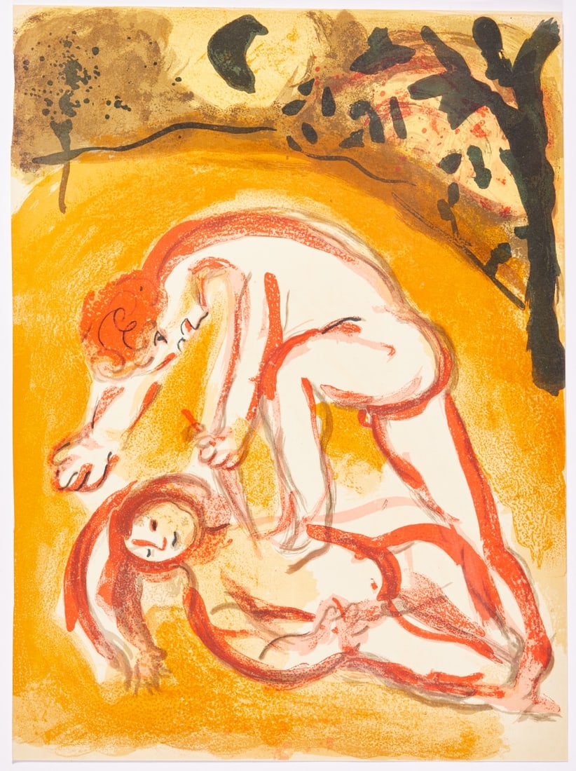 Marc Chagall: Marc Chagall 1887 Vitebsk - 1985 St. Paul de Vence - "Cain and Abel" - (1960) Color lithograph/paper. 35.5 x 26.4 cm. Verso with vignette 261 Mourlot. The sheet is loose. - Lit.: Mourlot 238