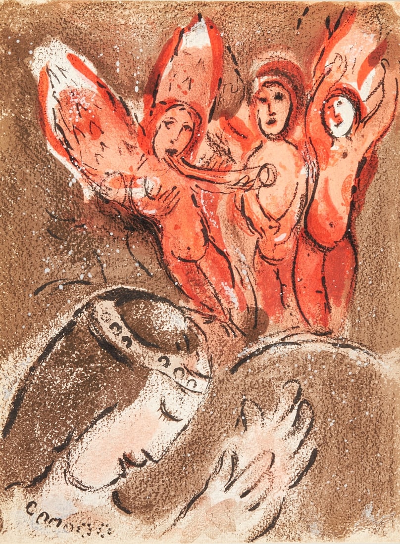 Marc Chagall: Marc Chagall 1887 Vitebsk - 1985 St. Paul de Vence - "Sarah and the Angels" - (1960) color lithograph/paper. 35.5 x 26.4 cm. Verso with vignette Mourlot 263. The sheet is loose. - Lit.: