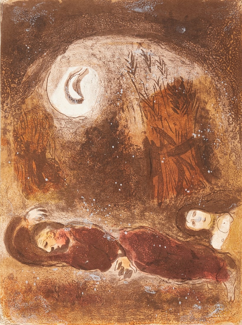 Marc Chagall: Marc Chagall 1887 Vitebsk - 1985 St. Paul de Vence - "Ruth at Boaz's Feet" - (1960) color lithograph/paper. 35.5 x 26.4 cm. Verso with vignette 271 Mourlot. The sheet is loose. - Lit.: