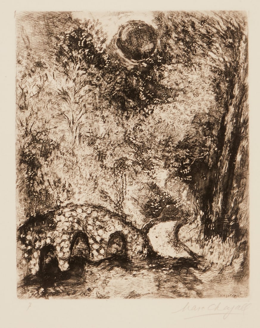 Marc Chagall: Marc Chagall 1887 Vitebsk - 1985 St. Paul de Vence - "Le Soleil et les Grenouilles" (The Sun and the Frogs), pl. 67 from: Les Fables de la Fontaine - Etching/laid paper. Numbered l. l.: 7. 29.5 x 24