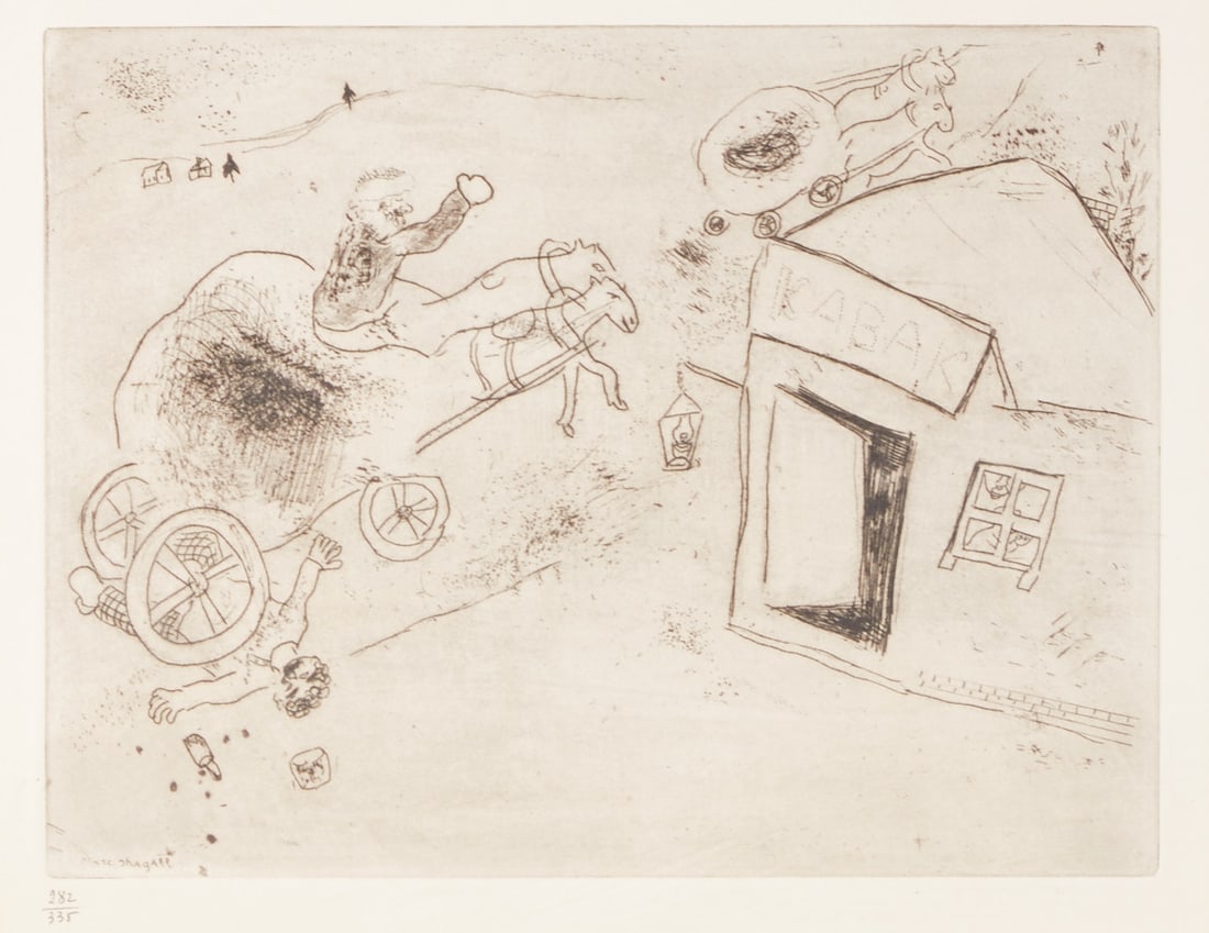 Marc Chagall: Marc Chagall 1887 Vitebsk - 1985 St. Paul de Vence - "Mort de mets-les pieds dans le plat" (Death of puts-feet-in-the-dish) - from: "Dead Souls" (1923/27) Etching/paper. 282/335. 20.8 x 27.3 cm, 25 x