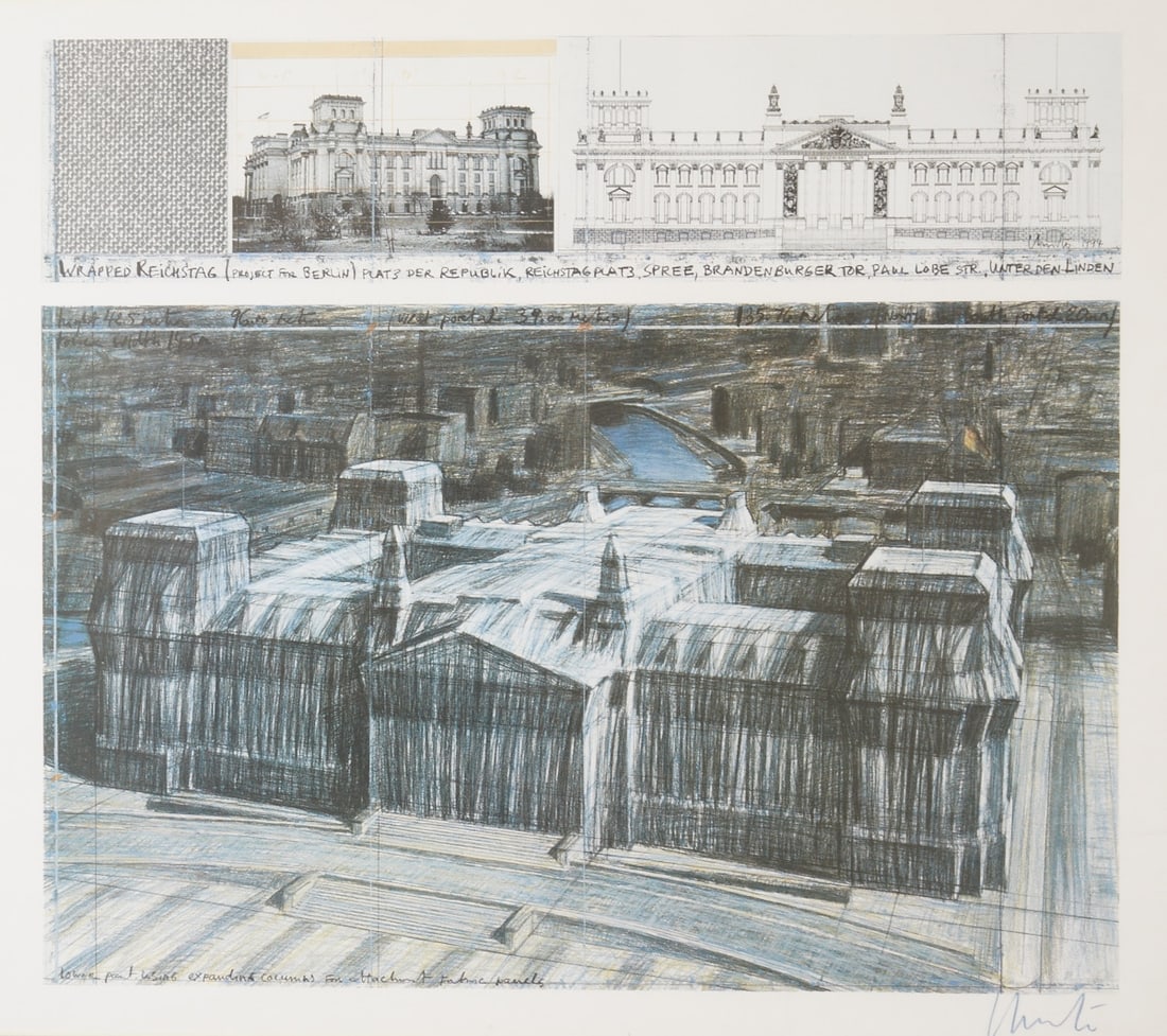 Christo: Christo 1935 Gabrovo - 2020 New York City - "Wrapped Reichstag" - Color offset/paper. 68.5 x 77 cm (visible dimensions). 74 x 83 cm (dimensions with frame). Signed l. r.: Christo. Framed under glass.