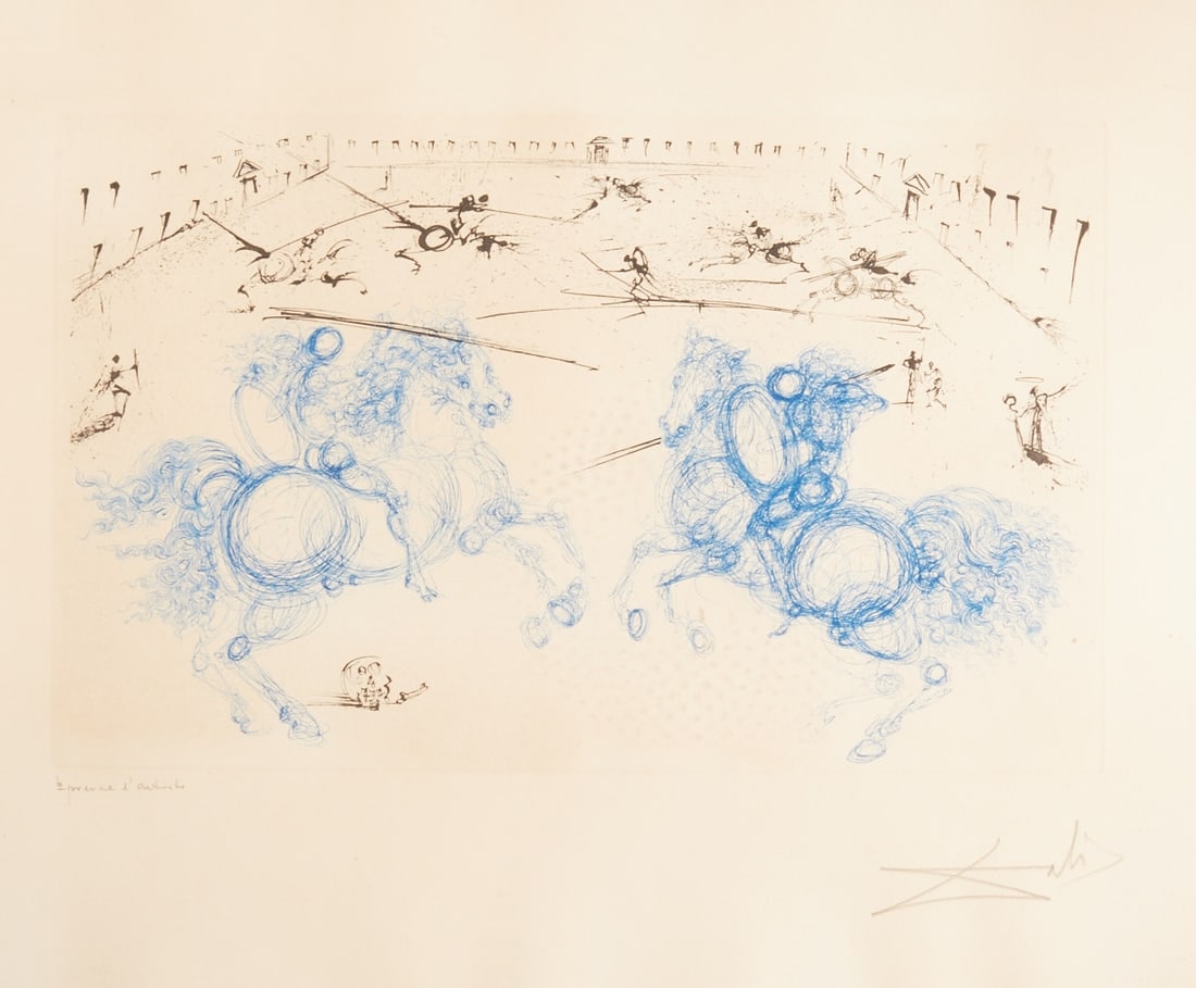 Salvador Dalí: Salvador Dalí 1904 Figueras - 1989 Figueras - "Combat des cavaliers" (from: La vida es sueno) - (1973) Color etching/Richard de Bas. Artist's Proof. 32.8 x 52.5 cm, 56.7 x 78.7 cm.