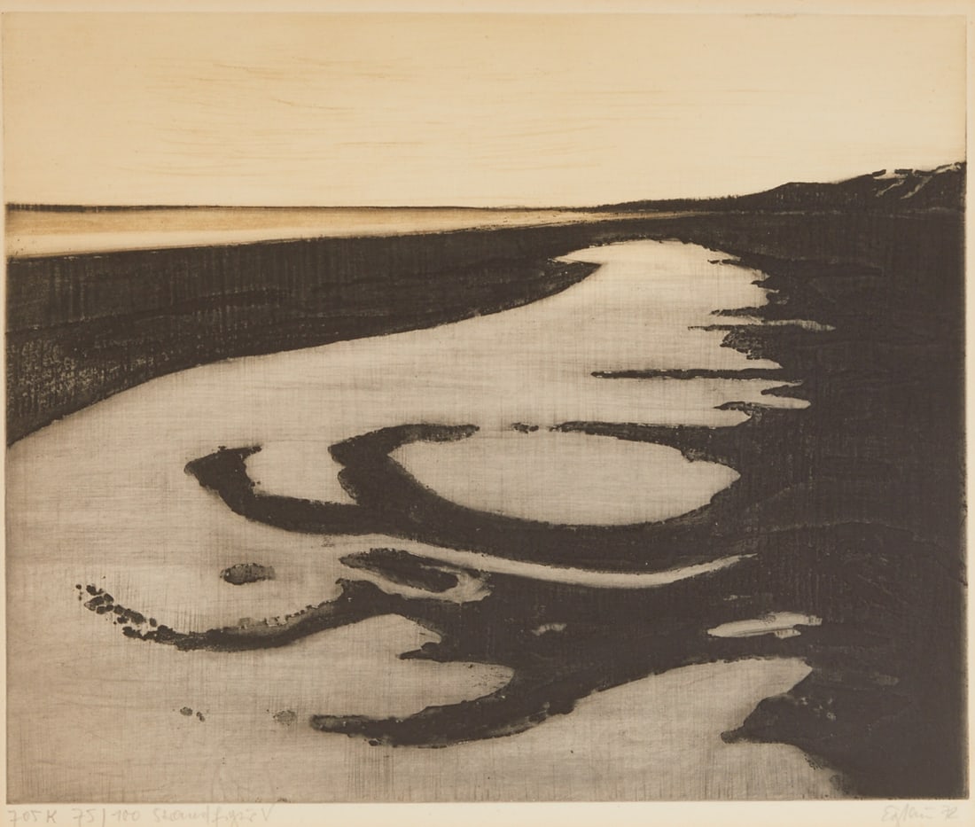 Otto Eglau: Otto Eglau 1917 Berlin - 1988 Kampen - "Beach Figure V" - (1972) Color etching/paper. 75/100. 39.5 x 48.3 cm, 42 x 49.5 cm (passe-partout cutout). Signed and dated lower right: Eglau (19)72.