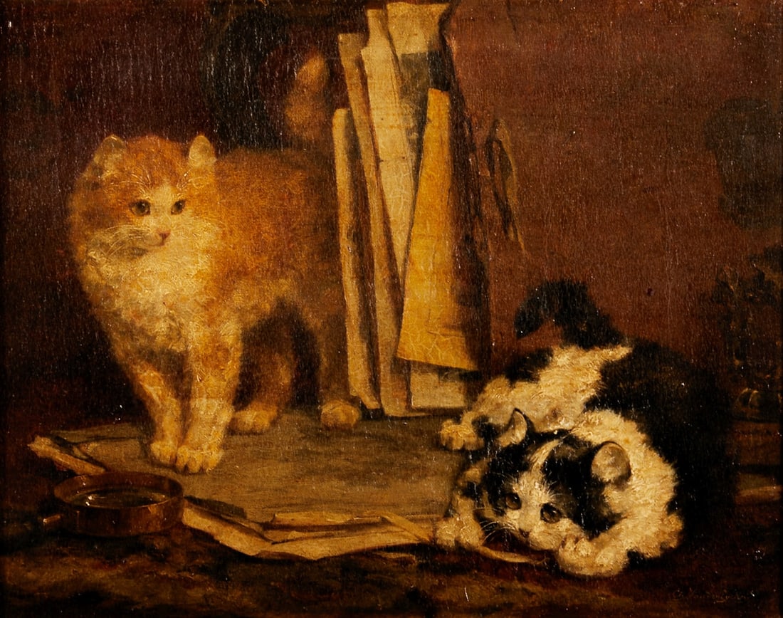 Charles van den Eycken: Charles van den Eycken 1859 Brussels - 1923 Brussels - Playing Kittens - Oil/canvas. 36 x 46 cm. 50 x 60 cm (Dimensions with frame). Signed and dated lower right: Ch. Van den Eycken 1917. Inscribed