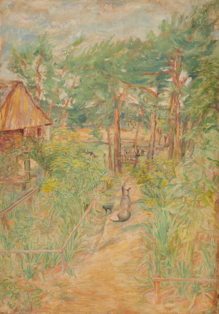 Katharina Fischeder: Katharina Fischeder Saarow 1894 - Saarow 1982 - Village landscape with dog and cat - Oil/canvas. Partially relined. 92 x 64 cm. Signed on reverse: Katharina Fischeder. Minimally soiled. Minimal