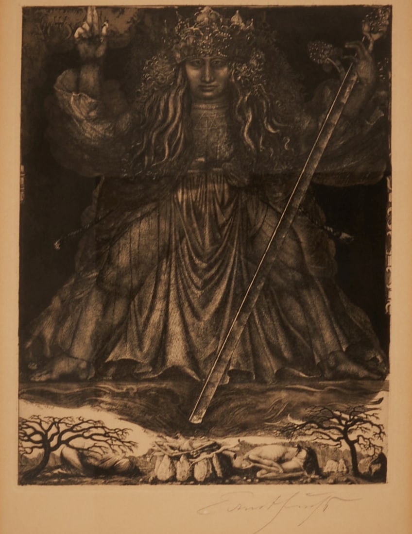 Ernst Fuchs: Ernst Fuchs Vienna 1930 - Vienna 2015 - "The Thanksgiving Sacrifice of Samson's Parents" - (1960) Etching/paper. 31 x 24 cm, 36.5 x 27 cm, 62 x 52 cm (dimensions with frame). Signed lower