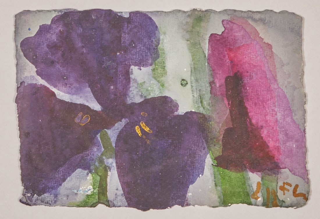 Klaus Fussmann: Klaus Fussmann 1938 Velbert/Rhineland - lives in Berlin and Gelting - Iris - watercolor/paper. 10 x 14.6 cm, 27 x 36 cm (dimensions with frame). Signed lower right: Fussmann. Passe-partout. Framed